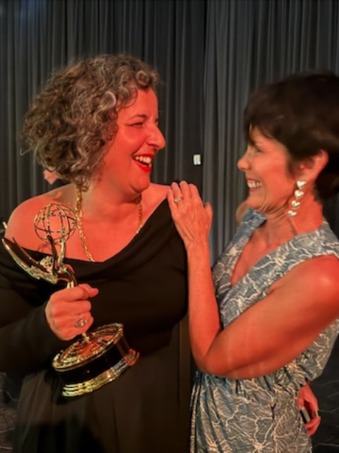 Rachel Farha holding Emmy trophy