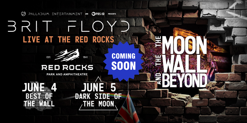 Brit Floyd 2026 Tour Graphic with a British Flag, Brick Wall, Rainbow