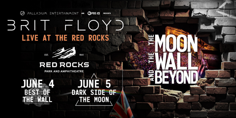 Brit Floyd 2026 Tour Graphic with a British Flag, Brick Wall, Rainbow